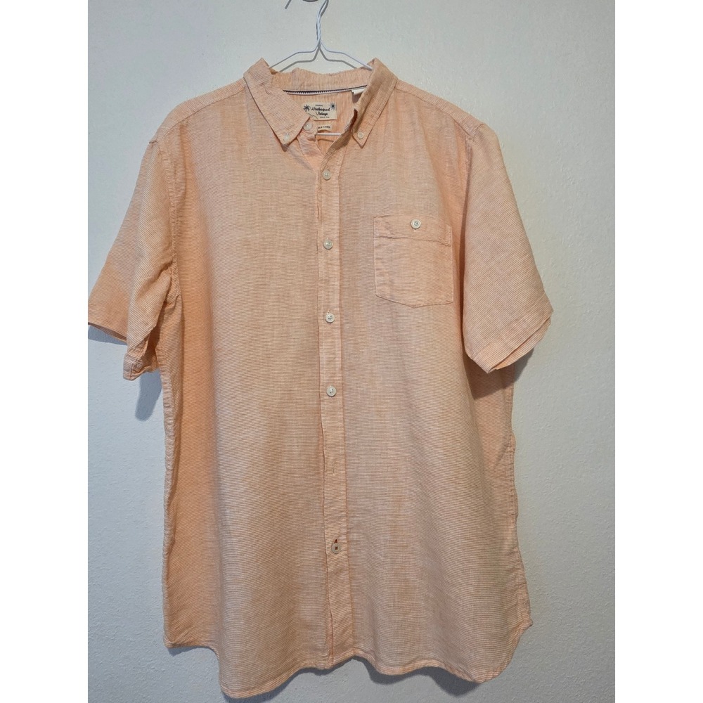 Weatherproof Vintage Orange White Stripe Linen Cotton Shirt Mens XL Short Sleeve